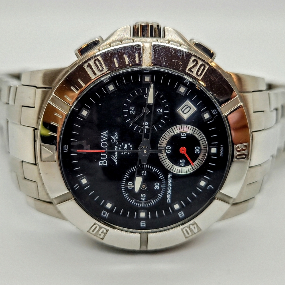 Bulova Marine Star Chronograph Date Black Dial Stainless Steel Men's Watch 96G51